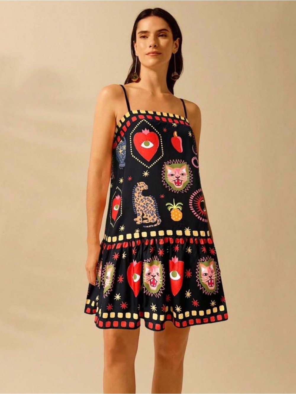 Black Printed Spaghetti-Strap Mini Dress